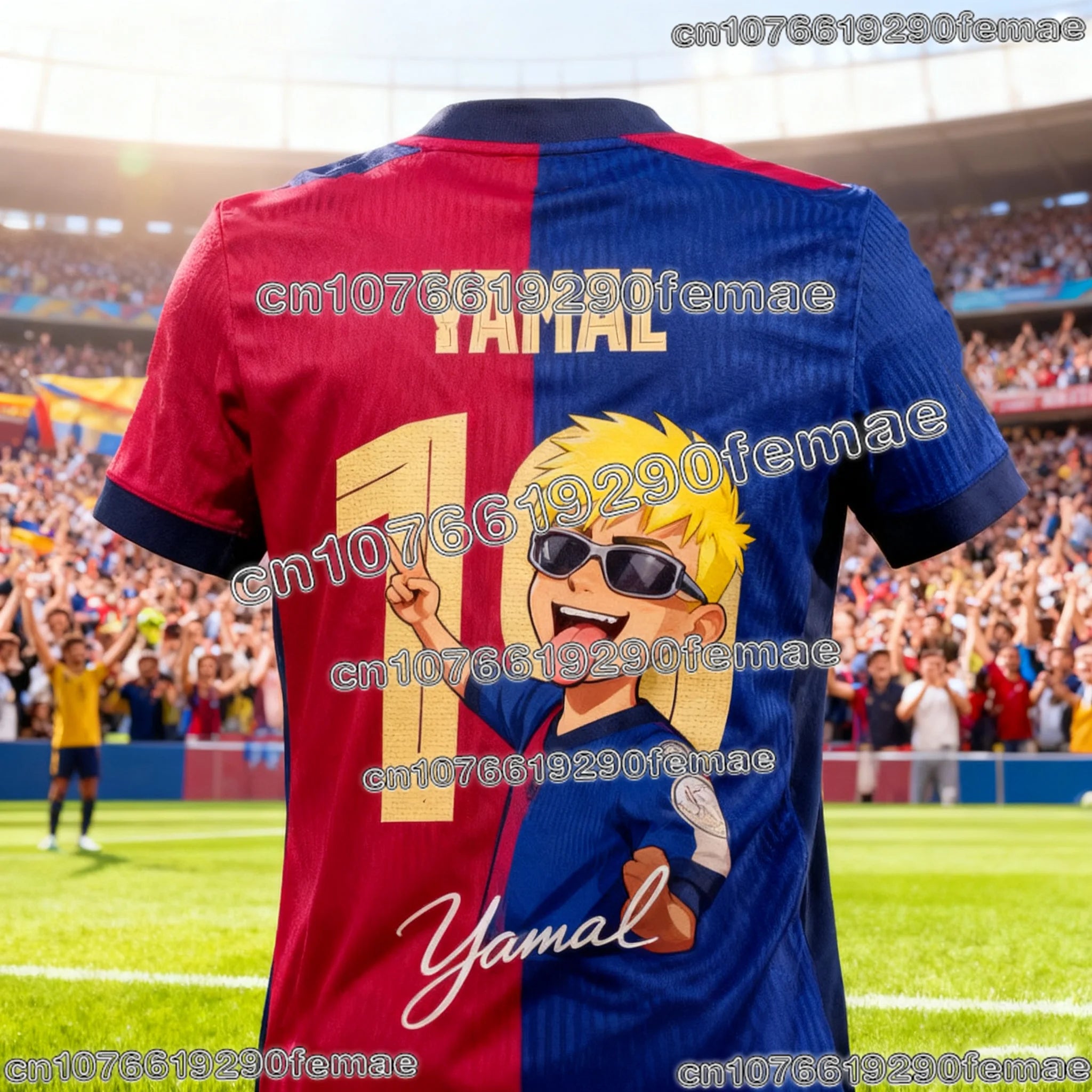 Barcelona Lamine Yamal #10 Soccer Jersey, Red-Blue Split Design with Stadium Print, Breathable Football Shirt for Fans