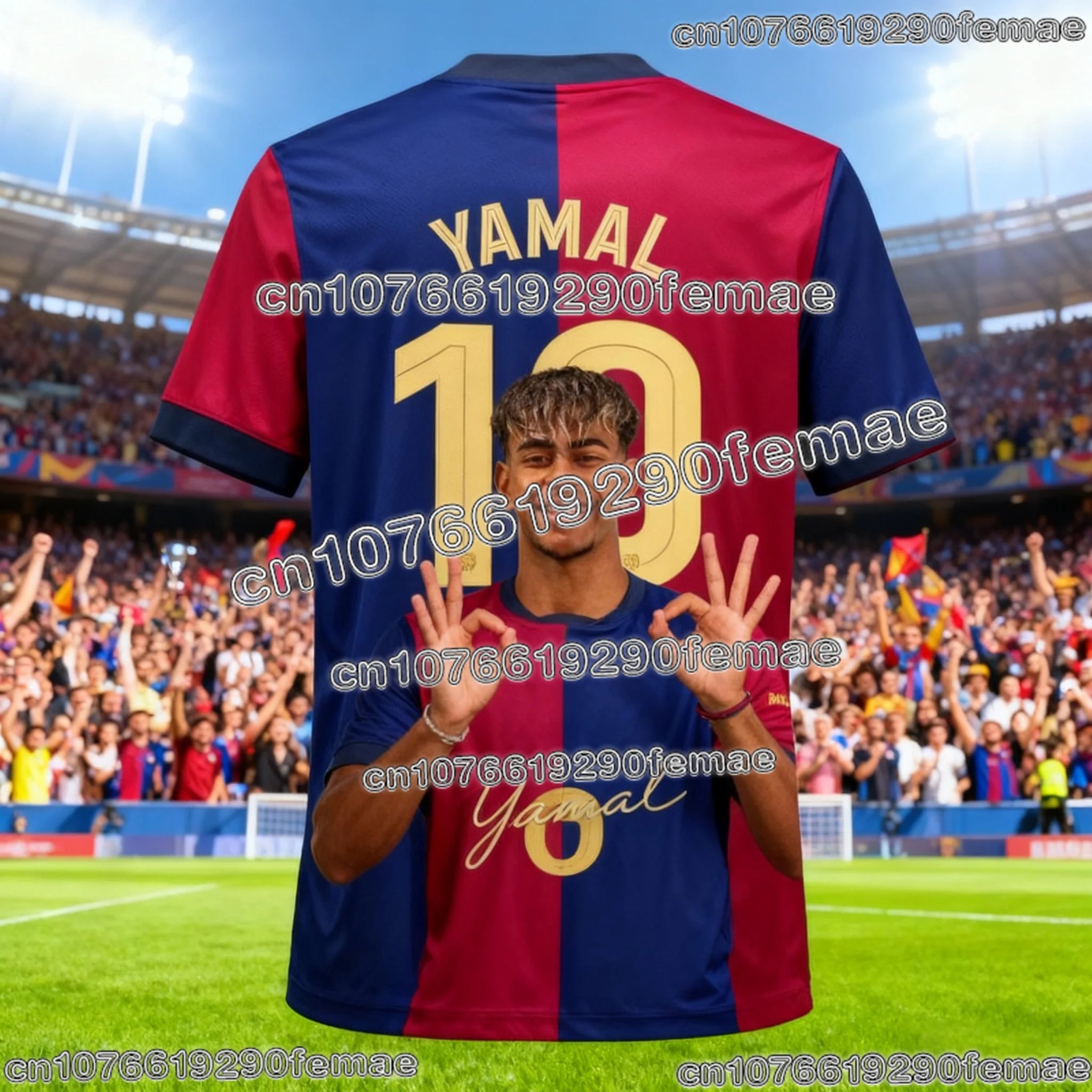 Barcelona Lamine Yamal #10 Soccer Jersey, Red-Blue Split Design with Stadium Print, Breathable Football Shirt for Fans
