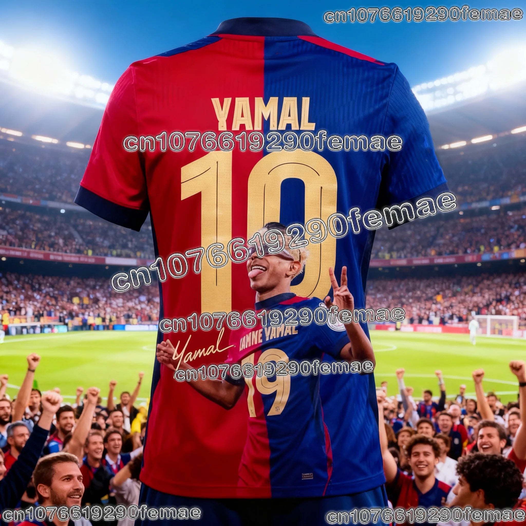 Barcelona Lamine Yamal #10 Soccer Jersey, Red-Blue Split Design with Stadium Print, Breathable Football Shirt for Fans