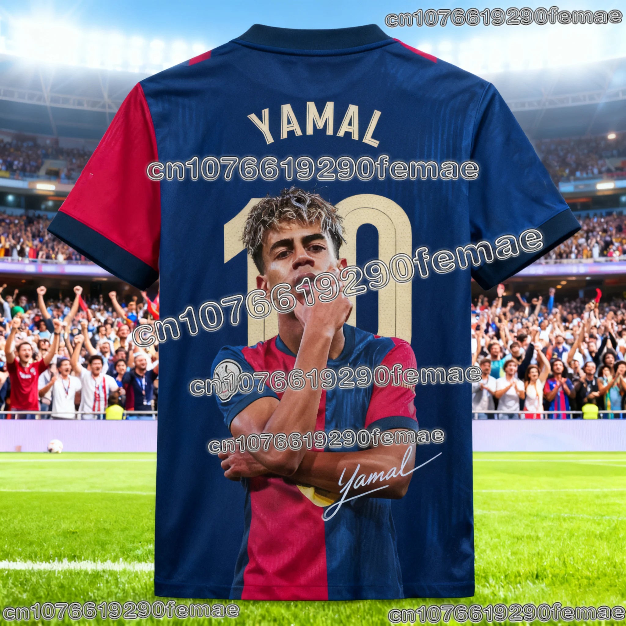 Barcelona Lamine Yamal #10 Soccer Jersey, Red-Blue Split Design with Stadium Print, Breathable Football Shirt for Fans