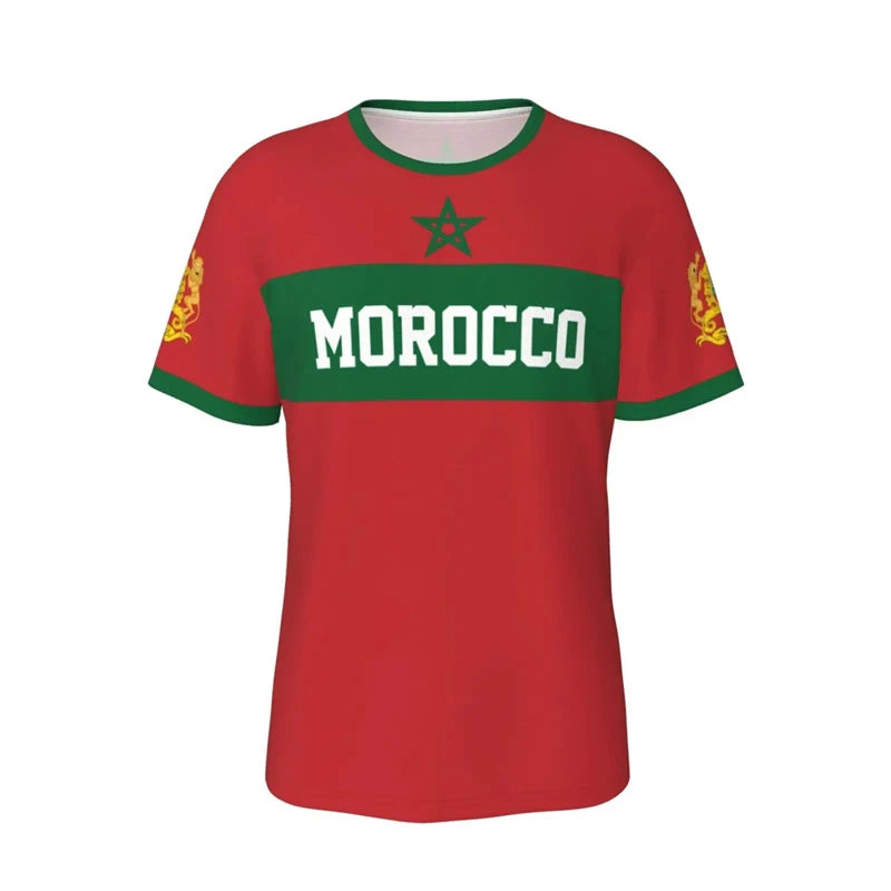 Men Morocco Football T-shirt 3D Print Flag Graphic Street Sports Short Sleeve T Shirts Summer Casual Loose Fashion Stripe Tees