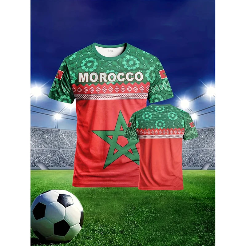 Men Morocco Football T-shirt 3D Print Flag Graphic Street Sports Short Sleeve T Shirts Summer Casual Loose Fashion Stripe Tees